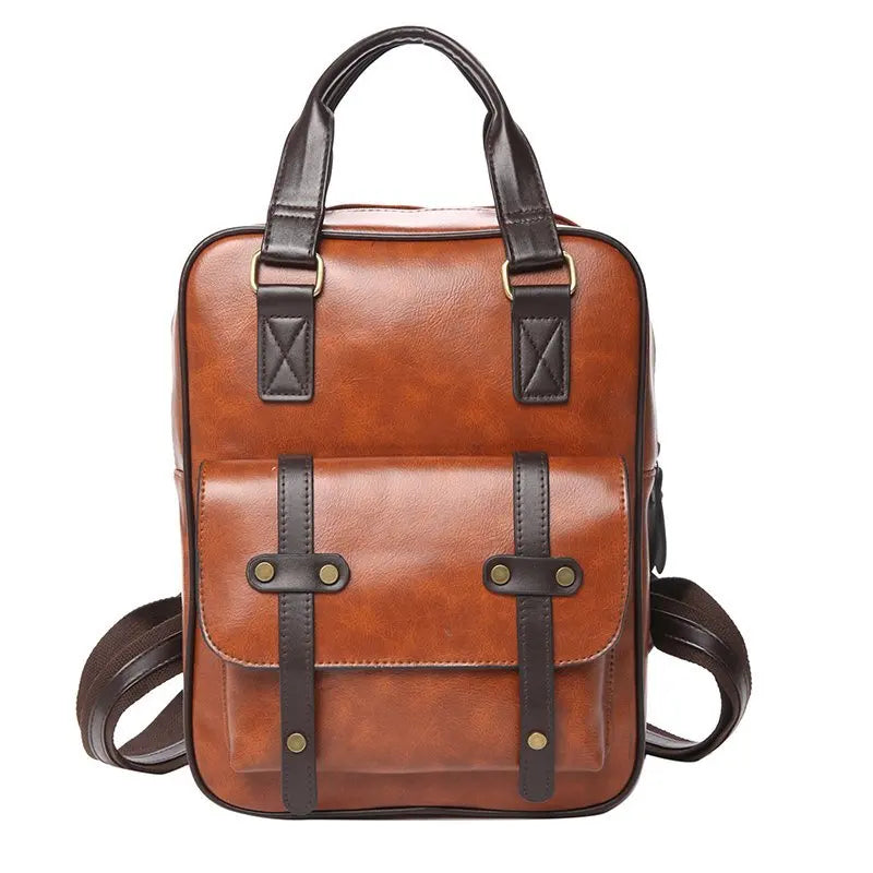 Sac Cartable Femme Multipoches Marron, avec anses noires, sur un fond blanc. - Camel