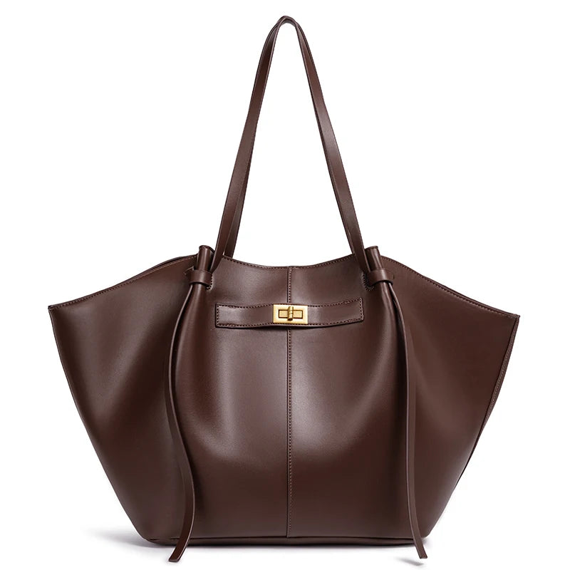Sac de Cours Femme Grande Capacité marron, vue de face avec fermoir doré - Marron
