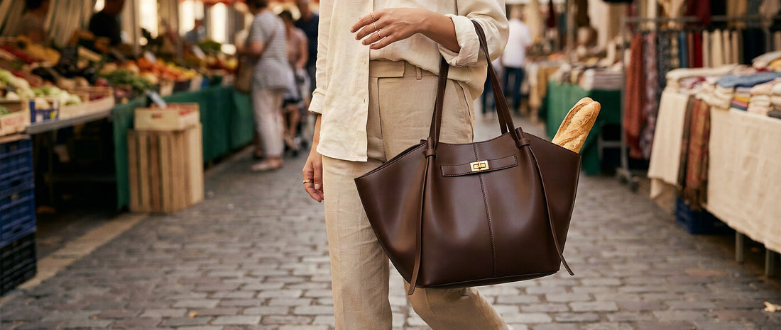 Femme portant un grand sac cabas au marché, à la main