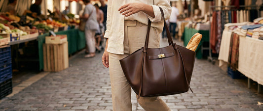Femme portant un grand sac cabas au marché, à la main