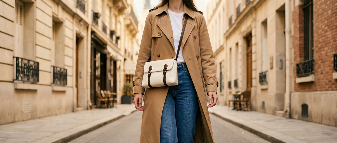 Femme portant un sac cartable femme en cuir marron à la main dans une rue parisienne