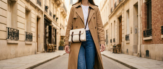 Femme portant un sac cartable femme en cuir marron à la main dans une rue parisienne