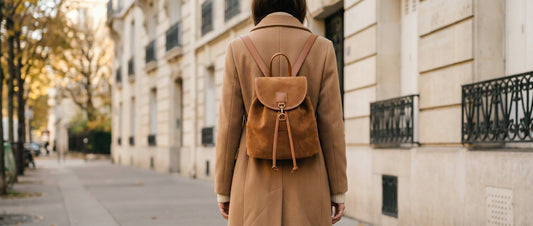 Sac à dos femme élégant porté en ville : modèle effet daim camel sur un manteau en laine