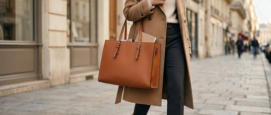 Femme en ville portant un grand sac à main camel à l'épaule