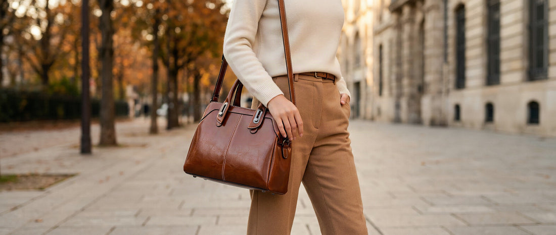 Femme élégante portant un sac à main en cuir marron sur une tenue camel et crème
