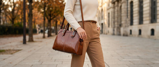 Femme élégante portant un sac à main en cuir marron sur une tenue camel et crème