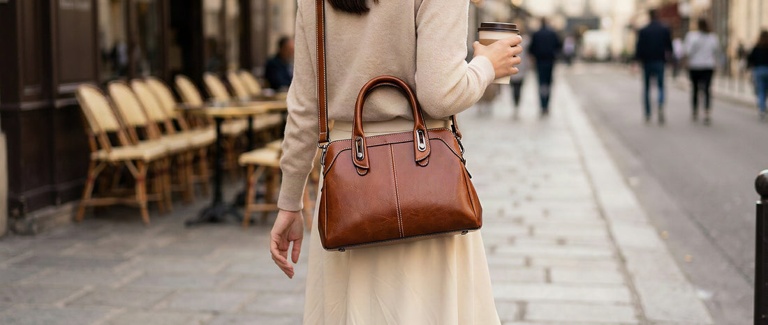 Femme élégante portant un sac bandoulière en cuir en porté croisé dans la rue