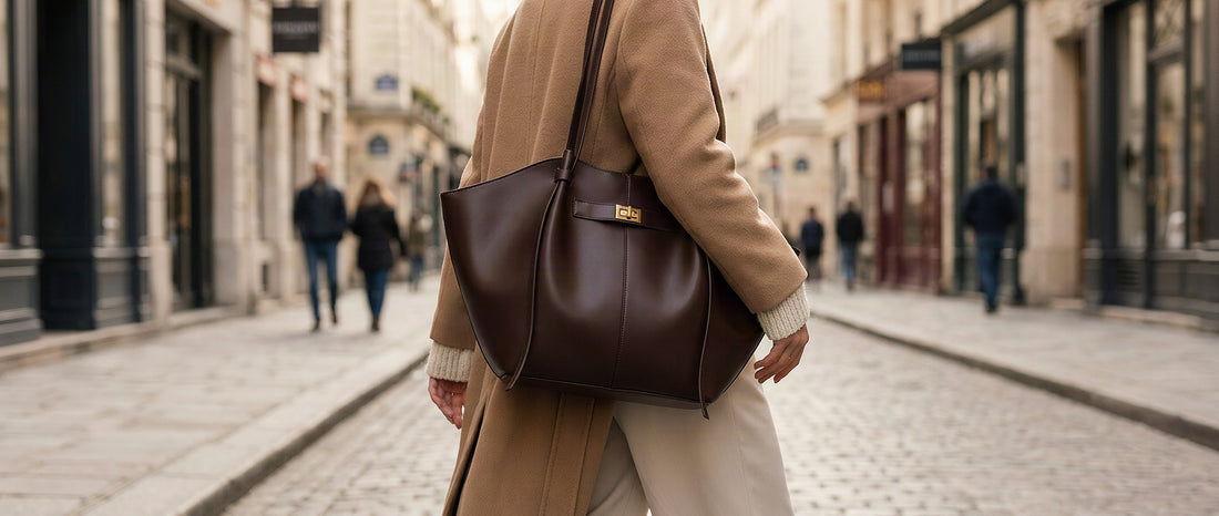 Femme élégante portant un grand sac fourre-tout à l'épaule dans la rue