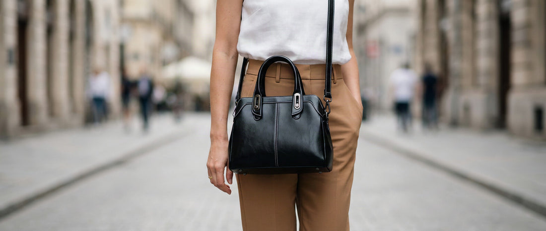 Femme élégante portant un sac à main noir en cuir sur une tenue blanche et camel