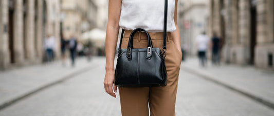 Femme élégante portant un sac à main noir en cuir sur une tenue blanche et camel