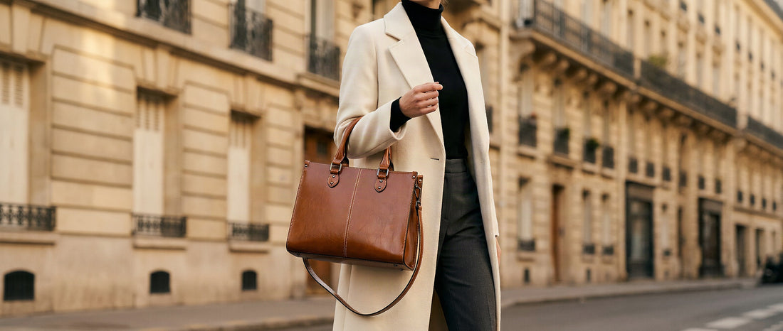 Sac à main de luxe en cuir cognac porté à la main — l'allure d'un beau cuir structuré au quotidien
