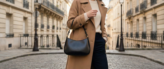 Femme élégante portant un sac porté épaule baguette sous le bras dans la rue