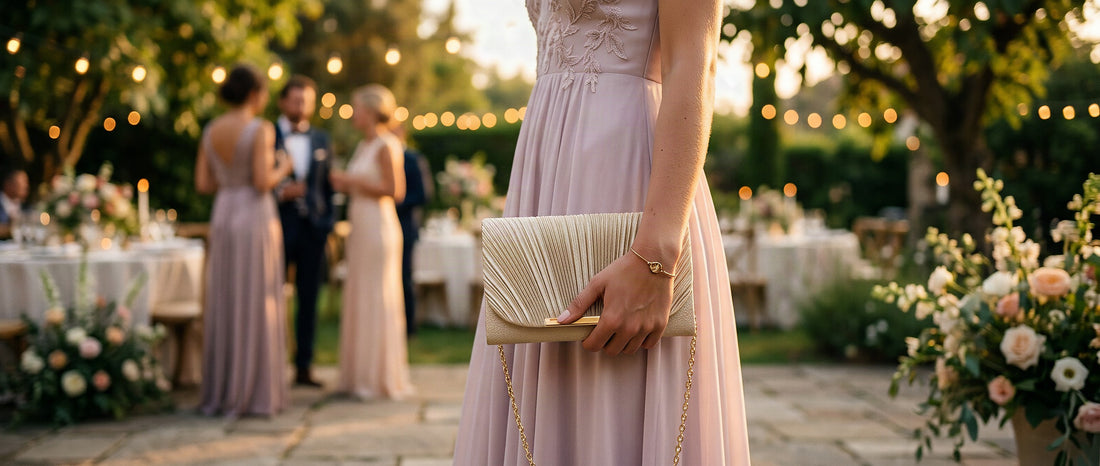 Femme invitée à un mariage tenant une pochette de soirée dorée