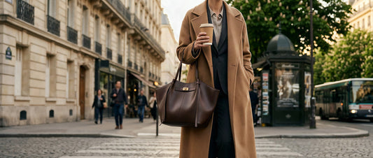 Femme en tenue de bureau portant un sac de travail en cuir marron dans la rue