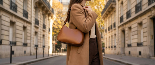 Sac baguette camel porté sous le bras avec un manteau d'automne — le porté classique de l'it-bag des années 90