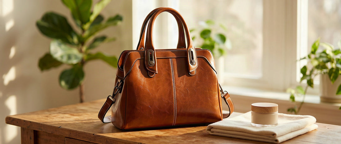 Sac à main en cuir posé près d'une fenêtre avec un chiffon et un baume d'entretien