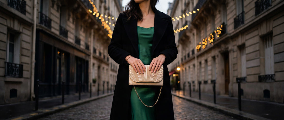 Sac à paillettes porté en soirée : pochette plissée dorée tenue à la main avec une robe de fête