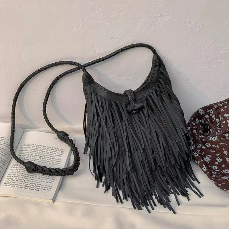 sac noir cuir franges