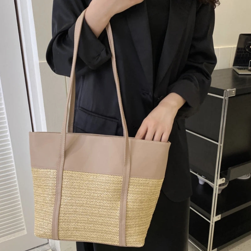Sac à Main Panier en Osier portée à la main - Marron - Beige - Blanc