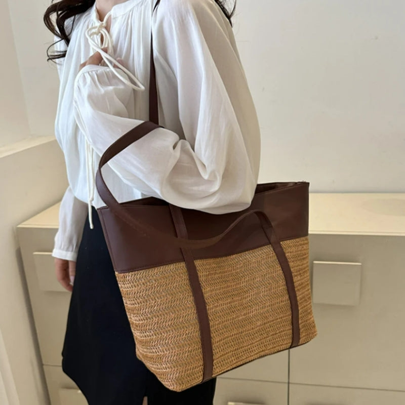 Sac à Main Panier en Osier portée à la main - Marron - Beige - Blanc