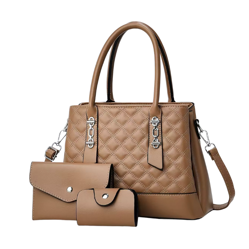 Ensemble Sac à Main Portefeuille Matelassé - Taupe