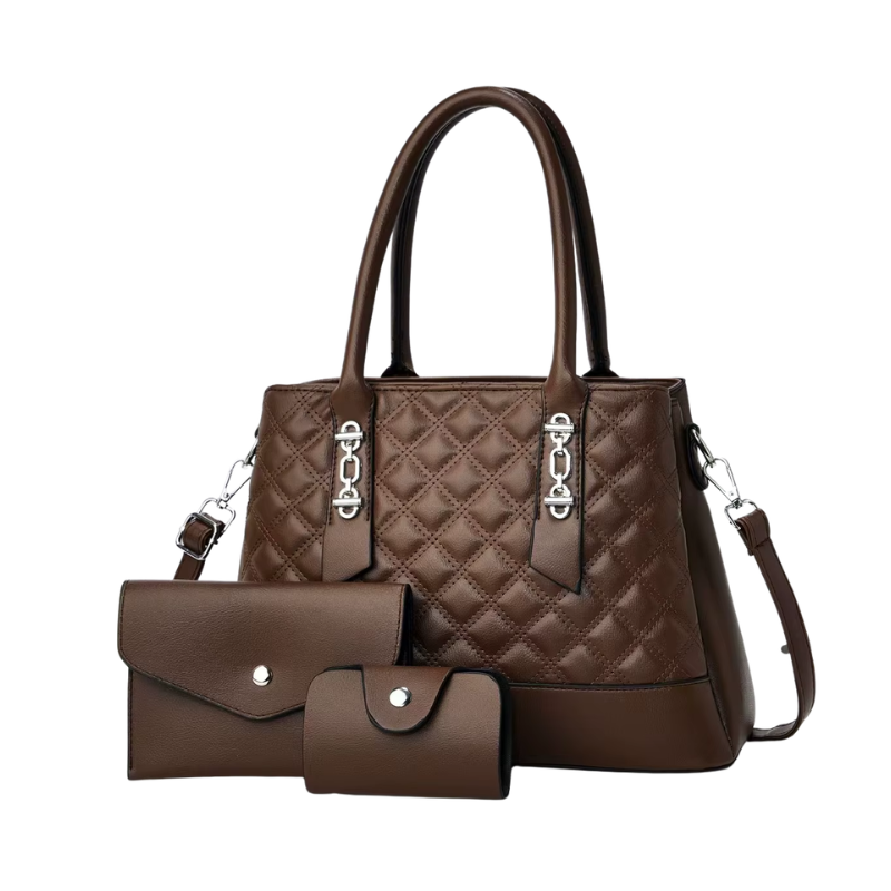 Ensemble Sac à Main Portefeuille Matelassé - Chocolat