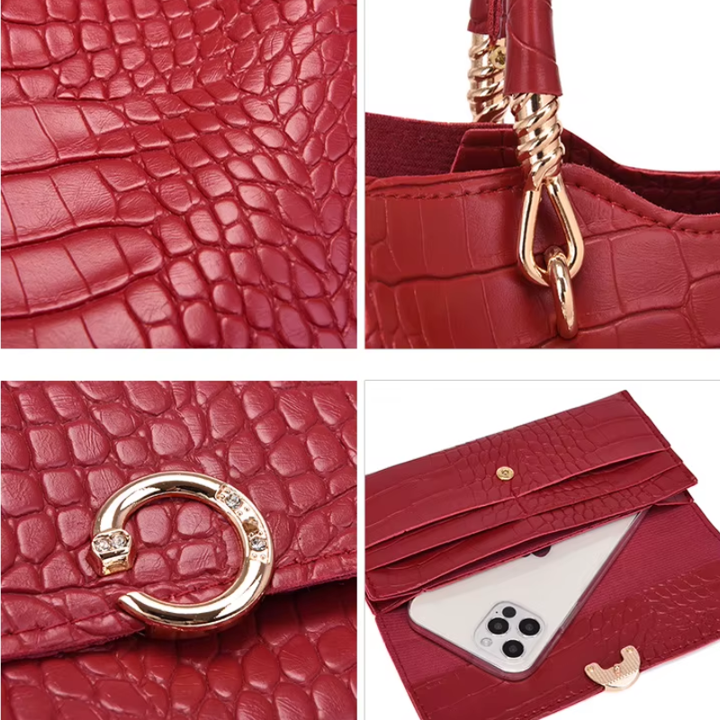 Sac à Main et Portefeuille Assortis gros plan fermeture zippée - Rose - Camel - Noir - Rouge - Blanc - Bleu