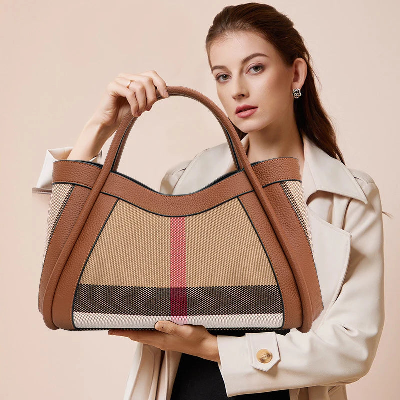 Sac à Main Fourre Tout Marron en Toile et Simili