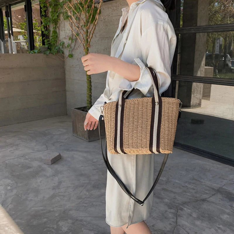 Sac à Main Panier en Paille avec Bandoulière