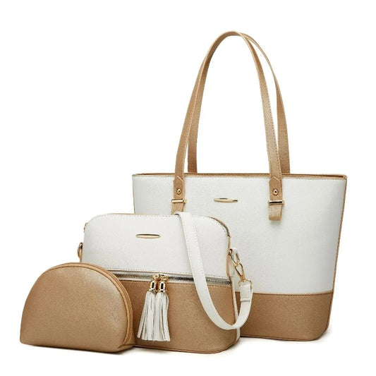 Sac Cabas Femme 3 pièces - Blanc et Doré