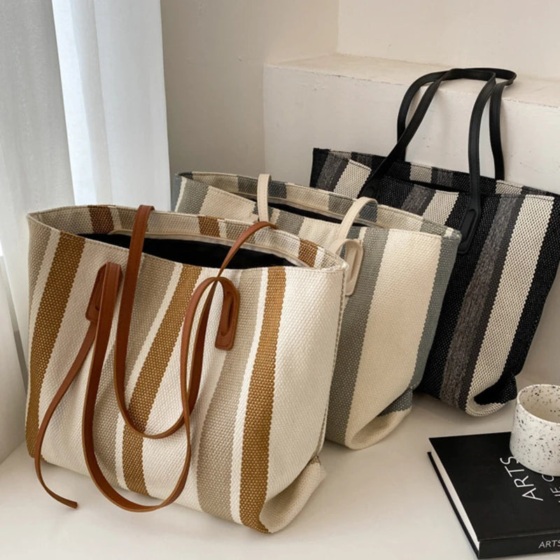Sac Cabas en Toile Rayé Grande Capacité
