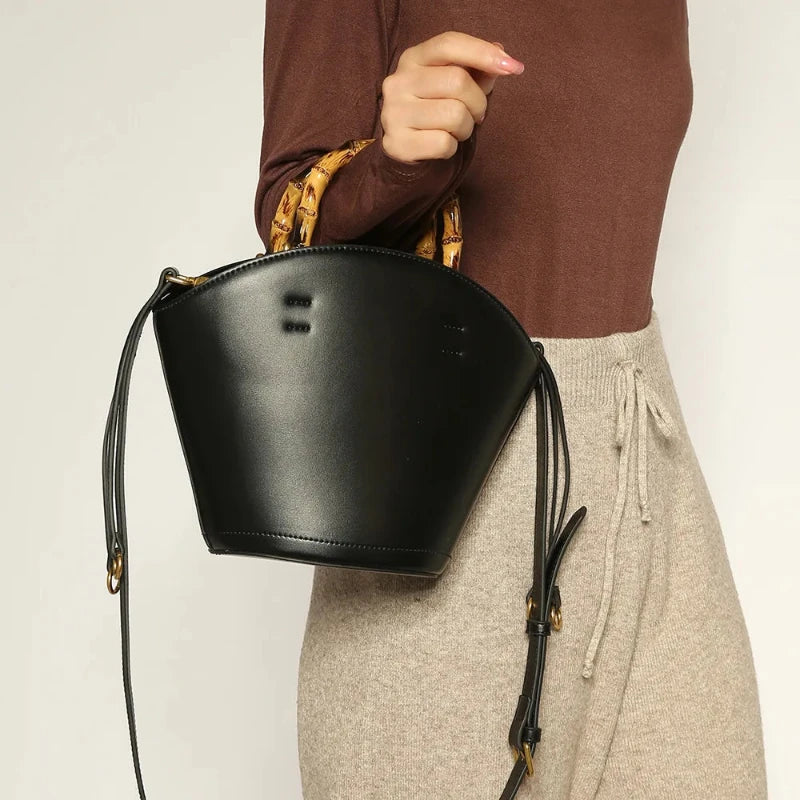 Sac à Main Seau avec Poignée en Bambou