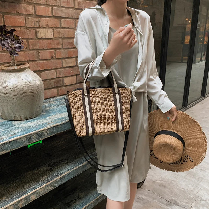 Sac à Main Panier en Paille avec Bandoulière