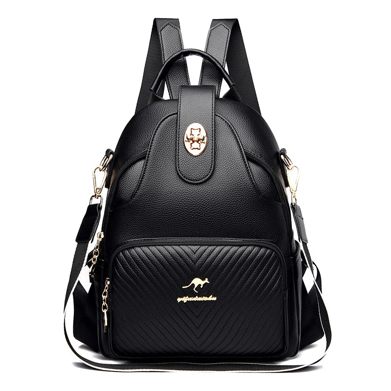 Sac à Main et à Dos Femme Robuste et Multipoches, de couleur noir, avec bretelles et bandoulière, sur un fond blanc.