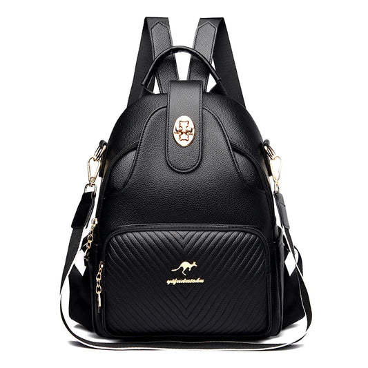 Sac à Main et à Dos Femme Robuste et Multipoches, de couleur noir, avec bretelles et bandoulière, sur un fond blanc.