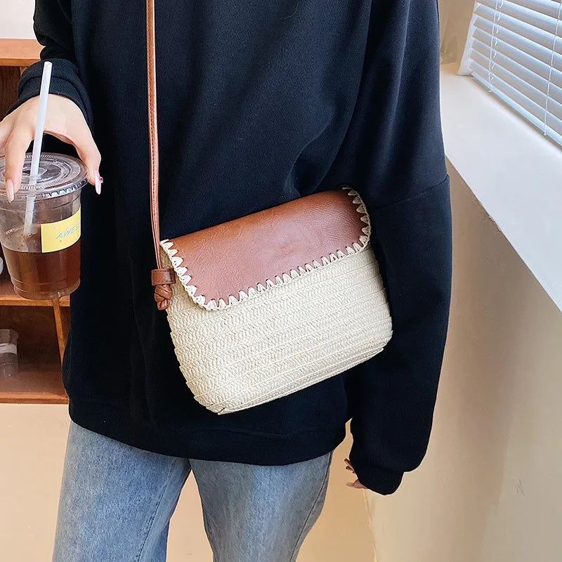 Sac Effet Osier Marron et Beige à Bandoulière