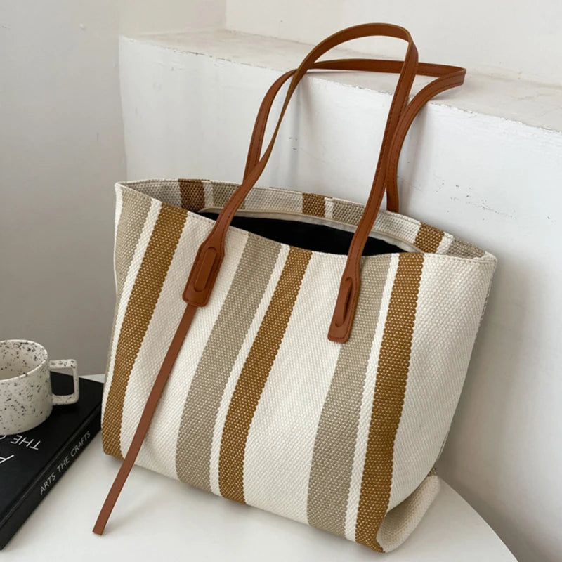 Sac Cabas en Toile Rayé Grande Capacité