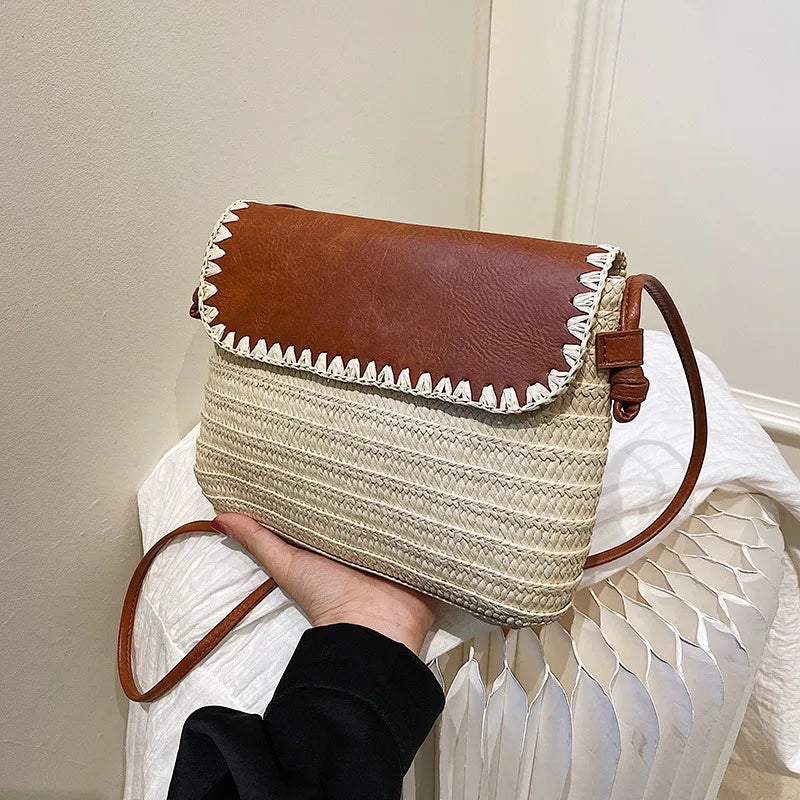 Sac Effet Osier Marron et Beige à Bandoulière