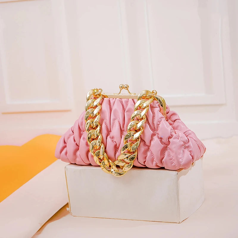 Sac à Main Soirée Femme – Bandoulière Chaîne Or Rose, 25x12x6 Cm, Texture Plissée, Idéal Fêtes, Mariages, Occasions Spéciales