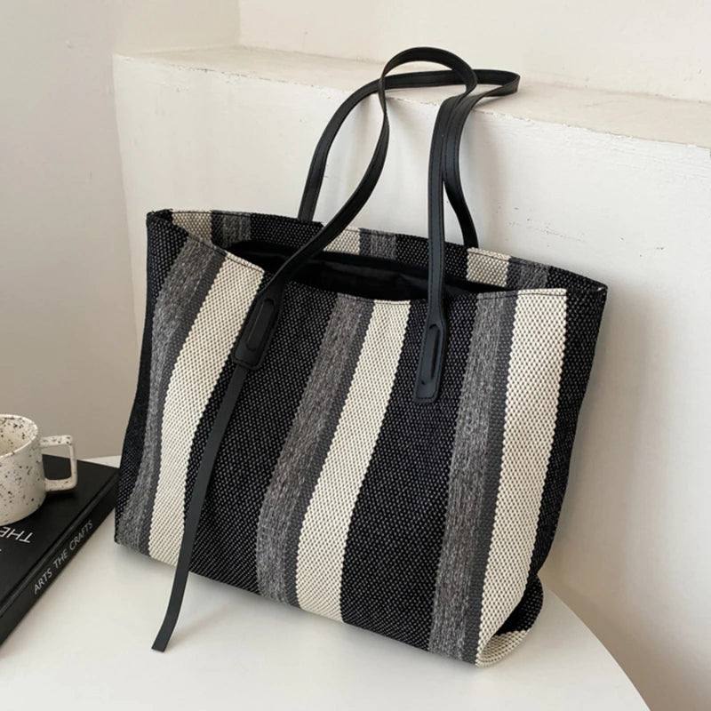 Sac Cabas en Toile Rayé Grande Capacité