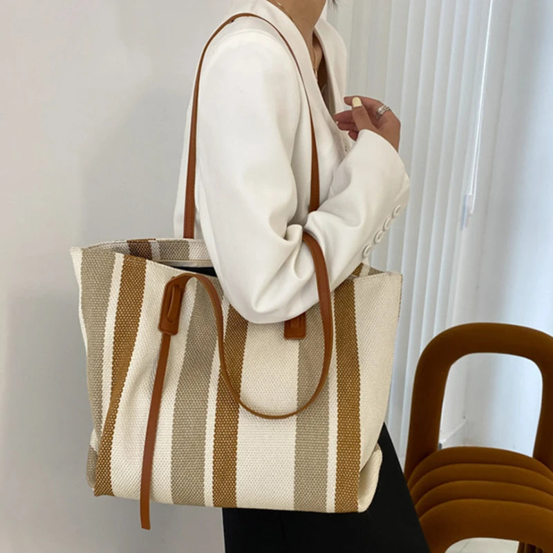 Sac Cabas en Toile Rayé Grande Capacité