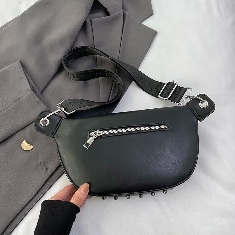 Sac Banane Clouté portée à la main - Noir - Blanc