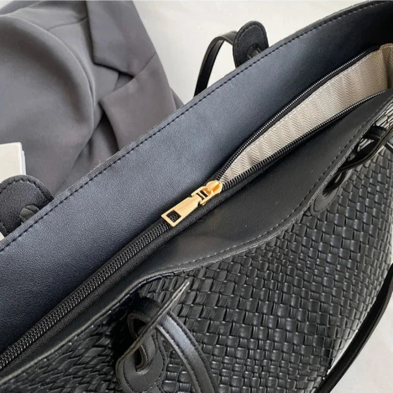 Sac Cabas Tressé gros plan fermeture zippée - Ivoire - Marron Foncé - Kaki - Noir