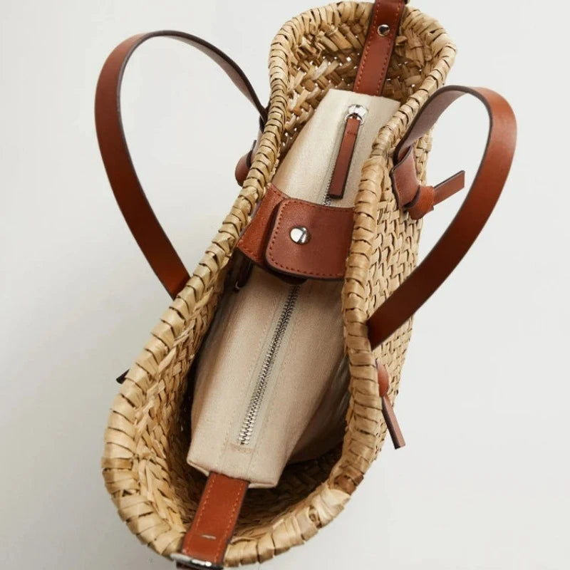 Panier Plage Femme paille et cuir 