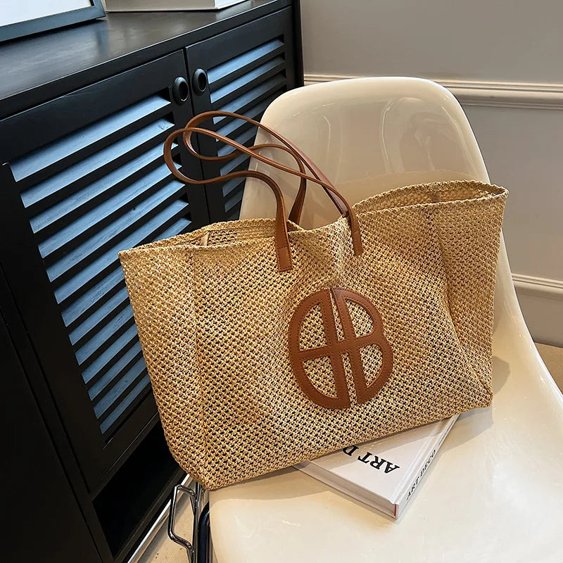 Sac de Plage en Osier de Grande Capacité