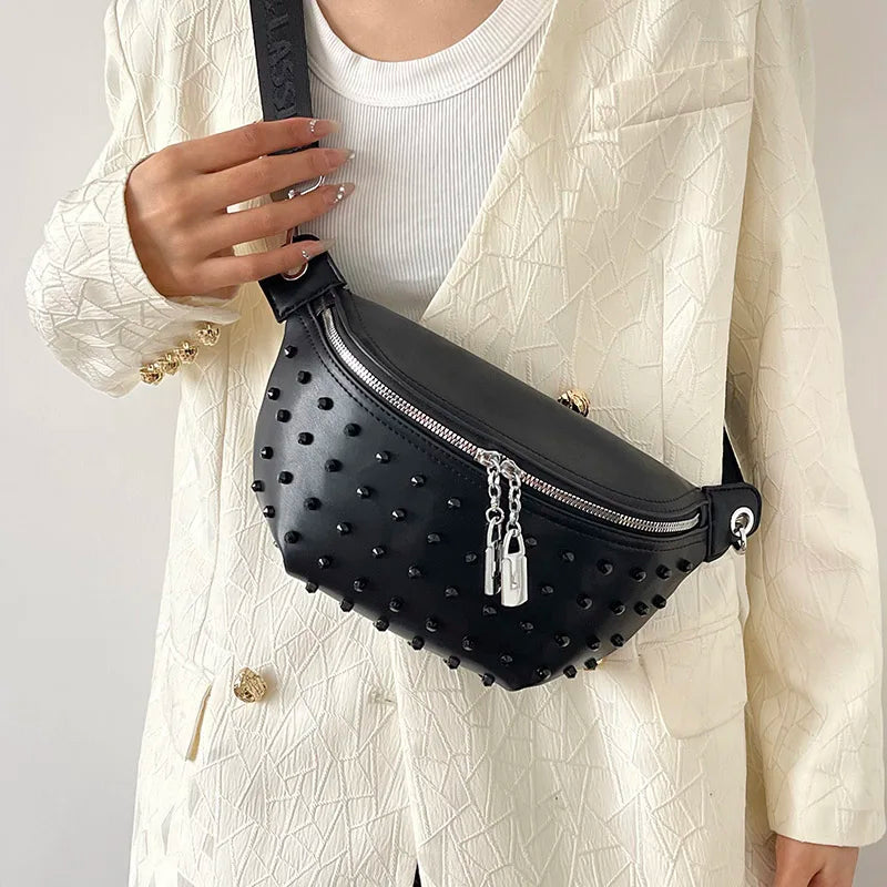Sac Banane Clouté portée à la main - Noir - Blanc