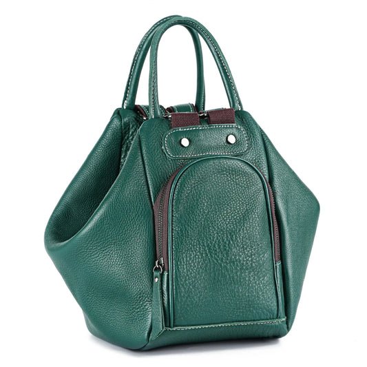 Sac à Main et à Dos Femme Modulable Vert, multipoches sur un fond blanc.