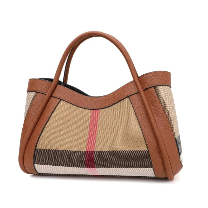 Sac à Main Fourre Tout Marron en Toile et Simili