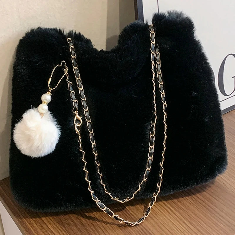Sac à Main en Fausse Fourrure avec Pompon