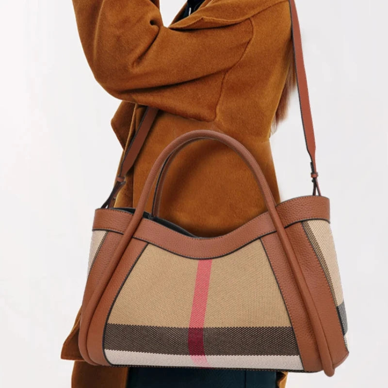 Sac à Main Fourre Tout Marron en Toile et Simili